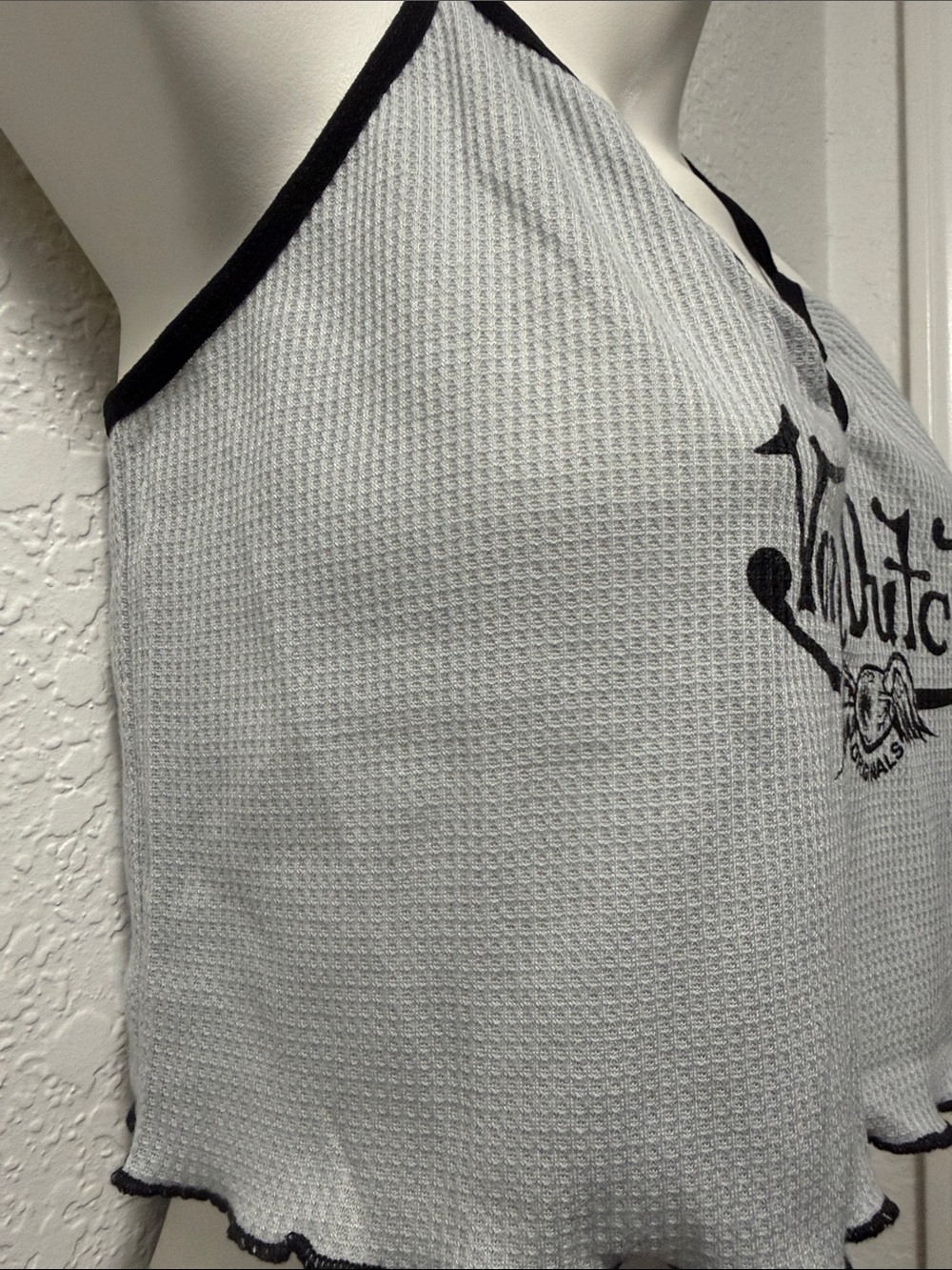 Von Dutch Grey & Black Waffle Halter Crop Tank - Picture 4 of 8